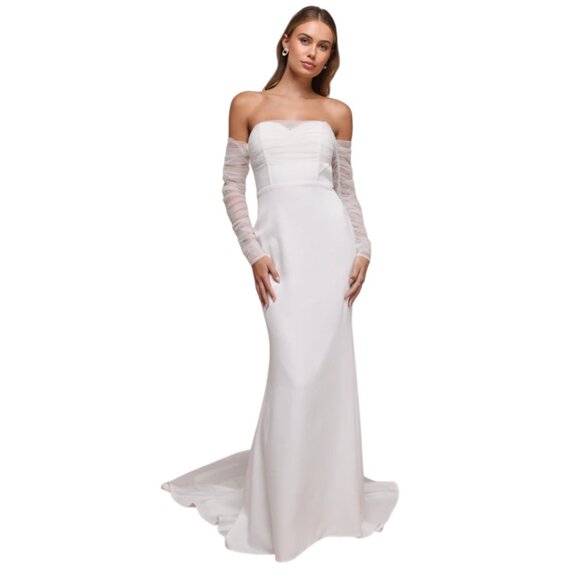 Lulus Sheer Sleeve Off the Shoulder Wedding Dress NWT Size XS - Picture 1 of 10